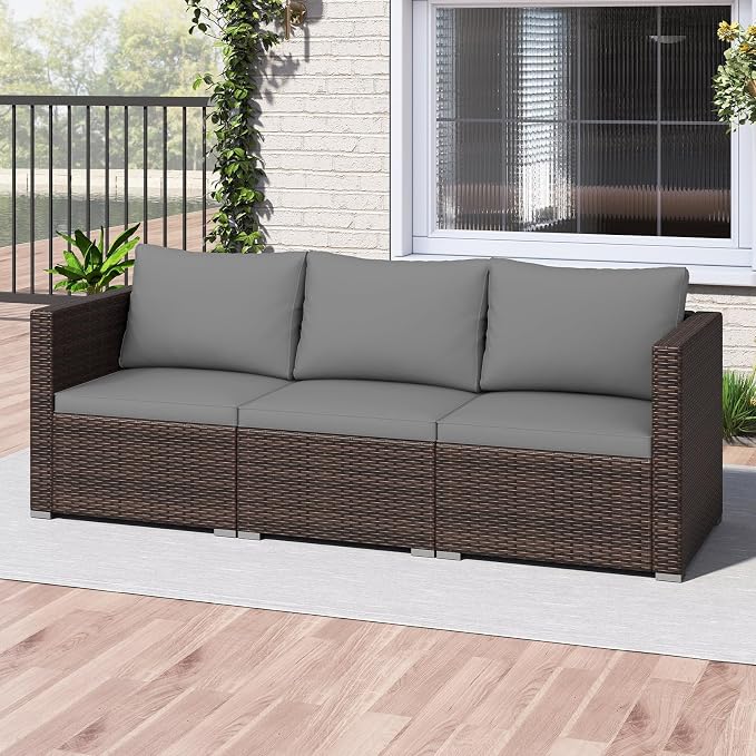 Tangkula 3 Seat Outdoor Wicker Sofa Set, Modular PE Rattan Patio Cushioned Sectional Couch Set, Outside Furniture Set for Deck, Backyard, Porch, Garden & Poolside (Brown-Grey)