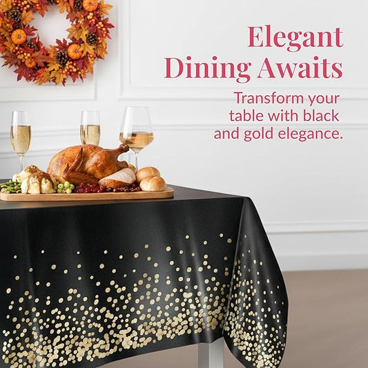 Prestee 4 Pack Gold and Black Table Cloth Rectangle Table Covers 54 x 108 Inches - Plastic Table Cloth Disposable for Parties, Dining and Events - Black Tablecloths for Weddings and Celebrations