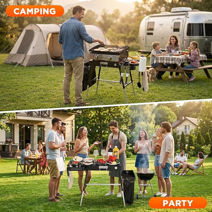 Outdoor Folding Grill Table, Adjustable Blackstone Griddle Stand, Fit 17” 22” Blackstone & Ninja Grills, Portable Camping Table for Outdoor BBQ & Tailgating
