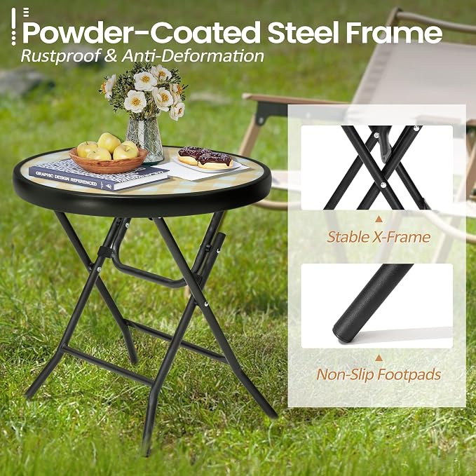 Foldable Side Table with Tempered Glass Top, 2 Pack Yellow | 18" Small Patio Side Tables Outdoor for Porch Yard Balcony Deck Lawn Garden