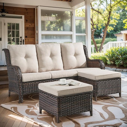 Outdoor Patio Furniture - 3 Seater Outdoor Rattan Wicker Sofa Patio Couch with Ottoman for Porch Deck Garden Backyard - Brown/Beige