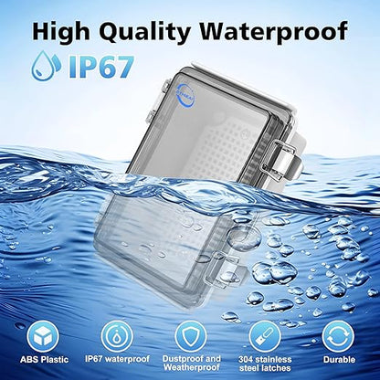 RTHIEAI Waterproof Outdoor IP67 Junction Box (5.9"x3.9"x2.8") with Mounting Plate, Hinged Clear Cover and Wall Brackets - Weatherproof ABS Plastic Electrical Enclosure for DIY Projects (150x100x70mm)