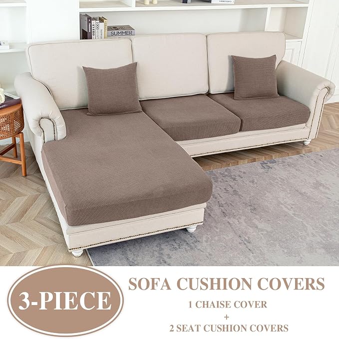 LA MEACK Couch Cushion Covers for Sectional Sofa L Shape Washable Separate Seat Chaise Couch Cover Stretch Sofa Slipcovers with 2 Pcs Pillowcases(2 Seater + 1 Chaise, Khaki)