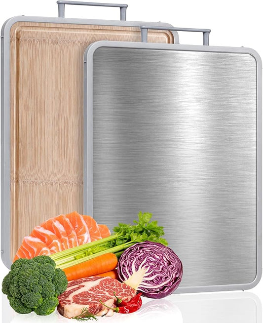 Stainless Steel Cutting Boards for Kitchen, 16"x12" Bamboo Cutting Board Double Sided Food Grade, Pure Titanium/Bamboo Kitchen Gadgets Chopping Board