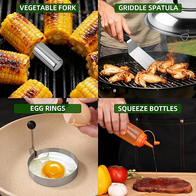 29PCS Griddle Accessories for Blackstone, Premium Stainless Steel Griddle Tool Set with Spatulas, Tongs, Smash Burger Press, Seasoning Bottles, Carry Bag for Camp Chef, Outdoor BBQ