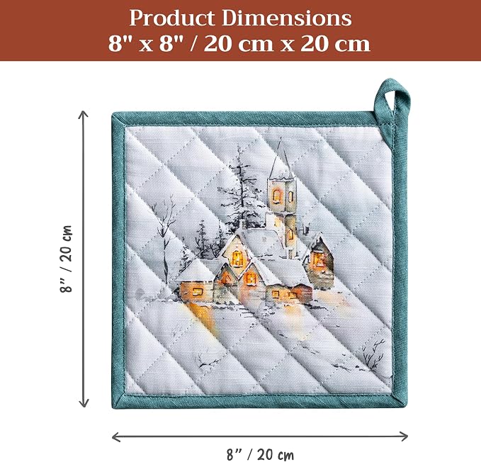 Maison d' Hermine Pot Holders 100% Cotton Potholders (8" x 8", Pack of 1) | Heat Resistant Hot Pads with Loop BBQ Cooking Baking Hotel Kitchen Handling Hot Pans Thanksgiving Christmas - Neige de Noel
