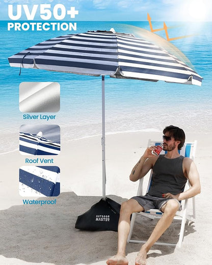 OutdoorMaster 7.2ft Beach Umbrellas for Sand with Sandbag & Anchor | 7.2ft Adjustable Umbrella for Beach, Wind Resistant, Portable UPF50+ Sunshade with Carry Bag for Patio