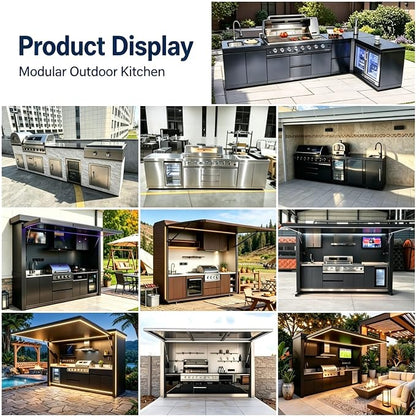 Modular Outdoor Kitchen Pod Prefab Kits with Roof, Sink, Grill Station, Storage Cabinet, Burners, Stainless Steel Patio Cooking Island for Backyard BBQ and Entertaining