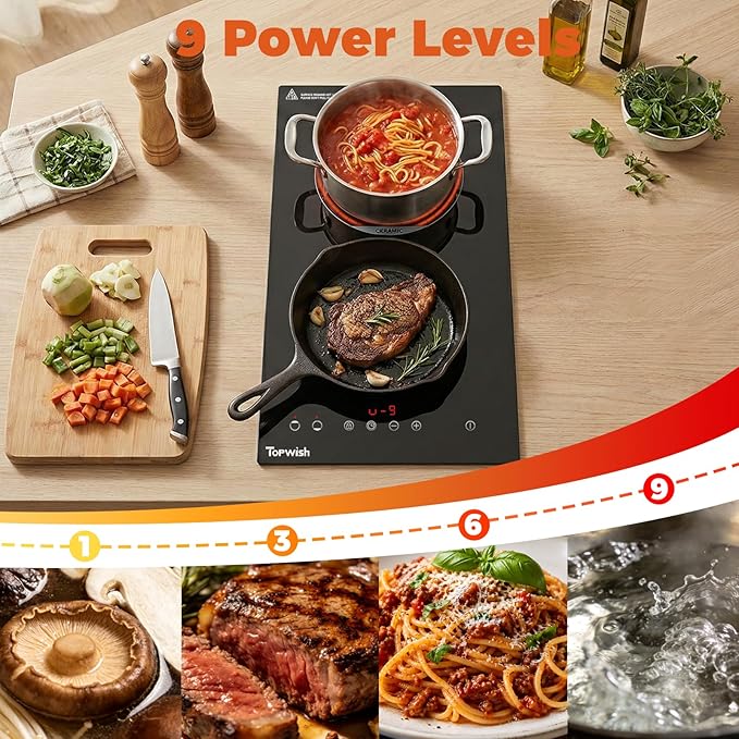 TOPWISH 12 Inch Electric Cooktop, 2 Burners Built-in Electric Stove Top Hot Plate, Drop-in Ceramic Cooktop Kitchen Stoves with Touch Control, Safety Lock, Timer, Overheat Protection, 120V Plug in