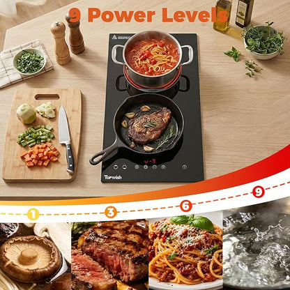 TOPWISH 12 Inch Electric Cooktop, 2 Burners Built-in Electric Stove Top Hot Plate, Drop-in Ceramic Cooktop Kitchen Stoves with Touch Control, Safety Lock, Timer, Overheat Protection, 120V Plug in