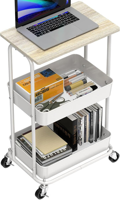 Simple Houseware 2-Tier Rolling Utility Cart Wood Top/Lockable Wheel, Maple | Metal Storage Organizer Trolley for Kitchen, Bathroom, Office, Craft Room