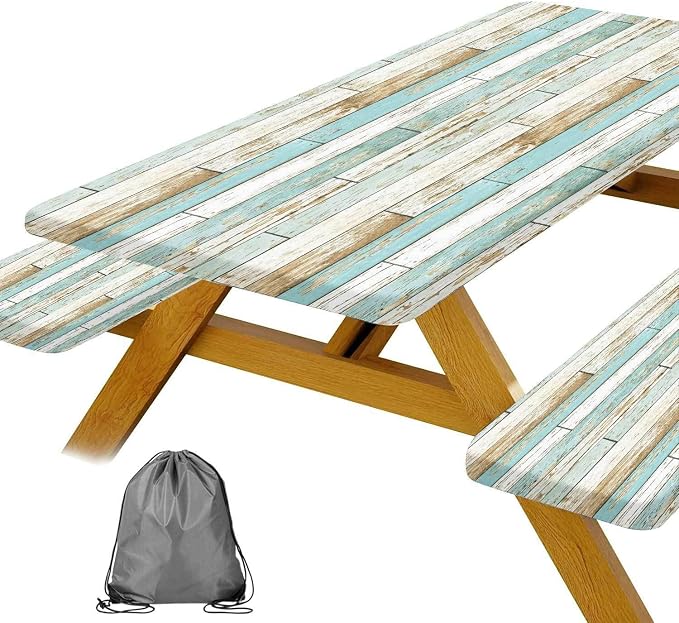 JAWO Teal Rustic Wooden Picnic Table Cover with Bench Covers, Modern Camping RV Essentials Gear Supplies Outdoor Waterproof Windproof Tablecloth with Elastic, 30X96in