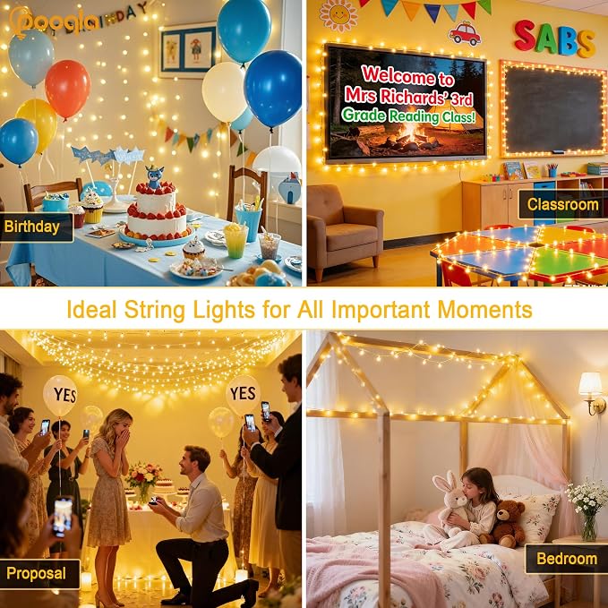 Pooqla 2 Pack String Lights Battery Operated, Total 33.3ft 100 LED Fairy Lights Indoor Outdoor Decorations, 8 Modes Warm White Battery Christmas Lights for Bedroom Classroom Porch Party Yard Decor