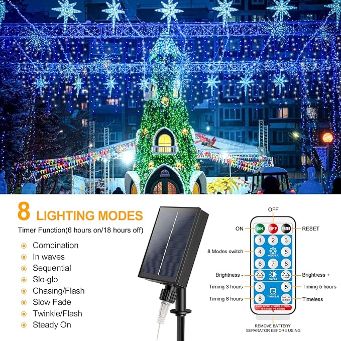 300 LED Solar Icicle Lights Outdoor with Remote Control, 33ft 8 Modes Curtain String Lights with 50 Drops, Christmas Holiday Wedding Party Decorations, Blue+White