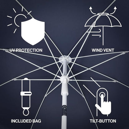 JONATHAN Y Mariner 6.5 ft. Solid Fringe Beach Umbrella, Navy/Blue | Push-Button Tilt, UV 50 Protection, Matching Carry Bag, White Iron Pole, Wind Vent, Scalloped Round Canopy