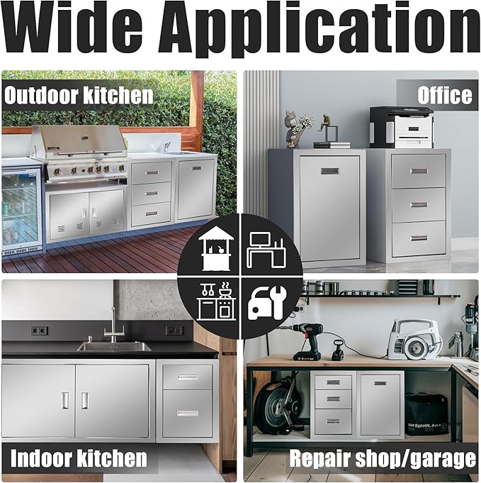 Outdoor Kitchen Triple Drawers 18'' W x 23'' H x 23.1'' D Stainless Steel BBQ Island Drawers with Handle Enclosed Built-in Flush Mount Drawer for Outdoor Kitchen Island Patio Grill Station