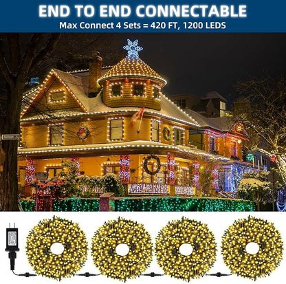 MZD8391 105FT 300LED Christmas Light, Waterproof Christmas Tree Light | Warm White, 100% UL List, 8 Light Mode,Timer/Memory, End To End Connect,Christmas String Light Oudoor Indoor Decoration