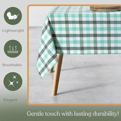 Gingham Tablecloth, 60x102 Inch, Soft Cotton Checkered Table Cover, Reusable & Durable for Daily Use, Garden Parties, Kitchen Decor, Outdoor Dining, Mint Green, Aqua Green, White