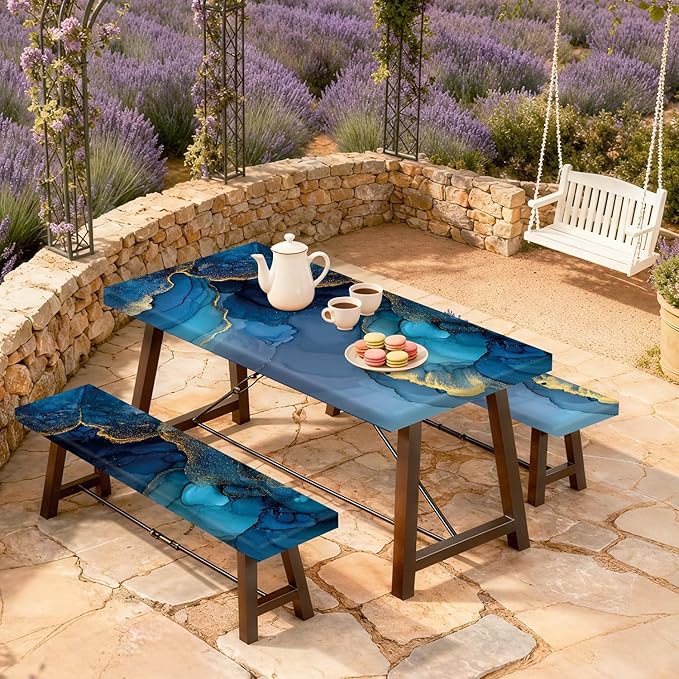 Marble Picnic Table Cover with Table Cover, Elastic Tablecloth for Outdoor Picnic Tables, Blue Ocean and Gold Texture Design, Tablecloth for Camping, Barbecue and Terrace Dining