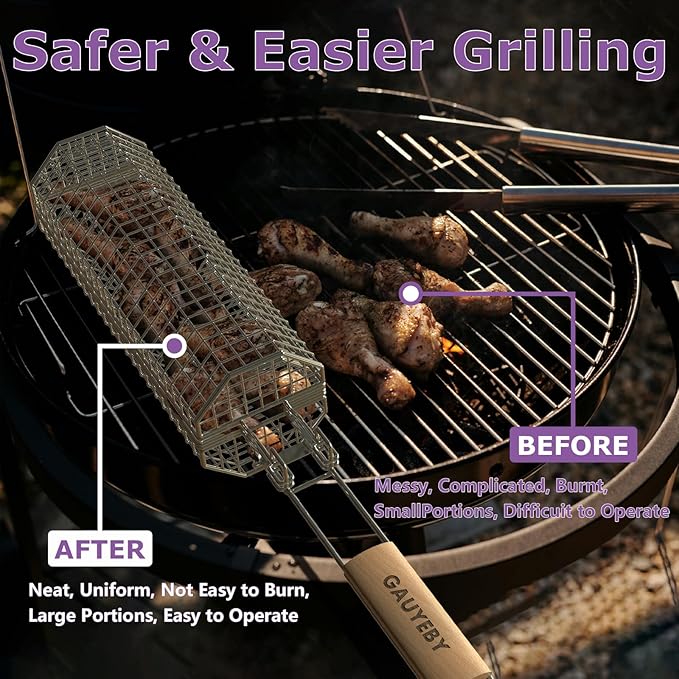 Rolling Grill Basket, 2PCS Grill Baskets for Outdoor Grill, REMOVABLE HANDLE, Anti-Scorch Stainless Steel BBQ Net Tube for Meat, Shrimp, Vegetables, BBQ Gifts for Dad, Husband (Octagon+Round)