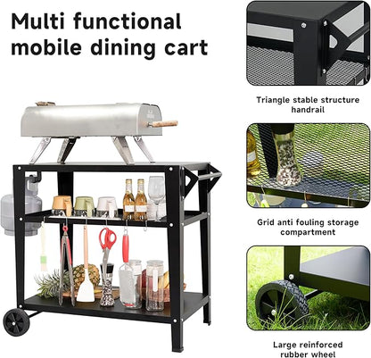 LEETOLLA Black Outdoor Grill Cart with Wheels, Heavy-Duty 3-Tier BBQ Prep Table for Pizza Oven, Griddle, Patio – Rustproof Commercial Kitchen Cart with Tool Hooks
