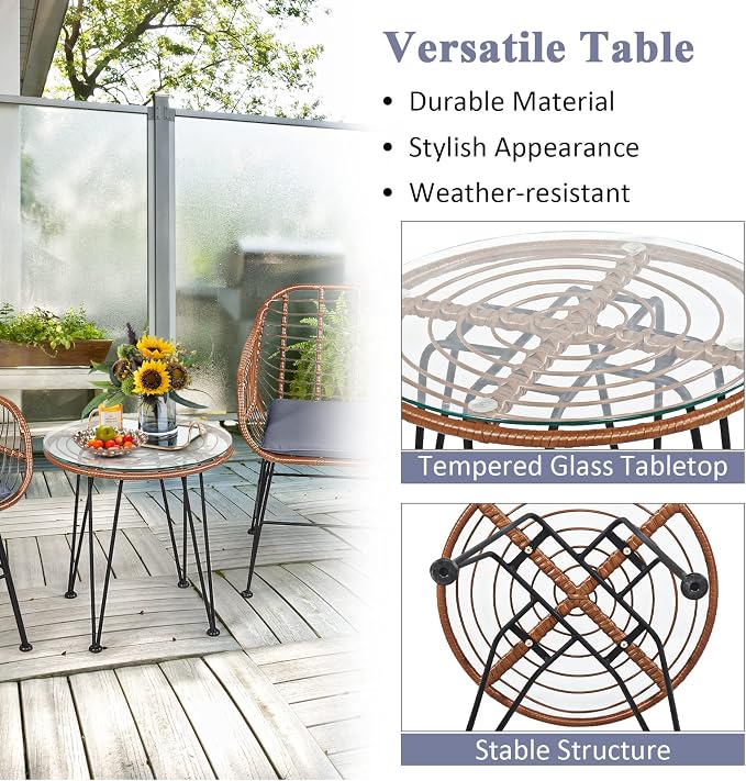 Tangkula 3 Pieces Patio Conversation Bistro Set, Outdoor Wicker Furniture w/Round Tempered Glass Top Table & 2 Rattan Armchairs, Bistro Chat Set w/Seat Cushions for Porch, Backyard, Garden