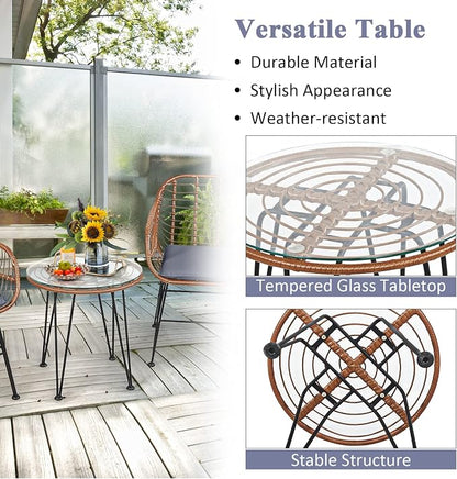 Tangkula 3 Pieces Patio Conversation Bistro Set, Outdoor Wicker Furniture w/Round Tempered Glass Top Table & 2 Rattan Armchairs, Bistro Chat Set w/Seat Cushions for Porch, Backyard, Garden