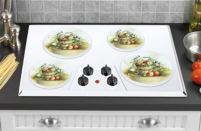 Reston Lloyd, Burner Covers For Electric Stovetop, Decorative Lightweight Tin Covers, Set of 4 (2-8 inch & 2-10 inch), Conceals Messy Drip Pans, Chickadees