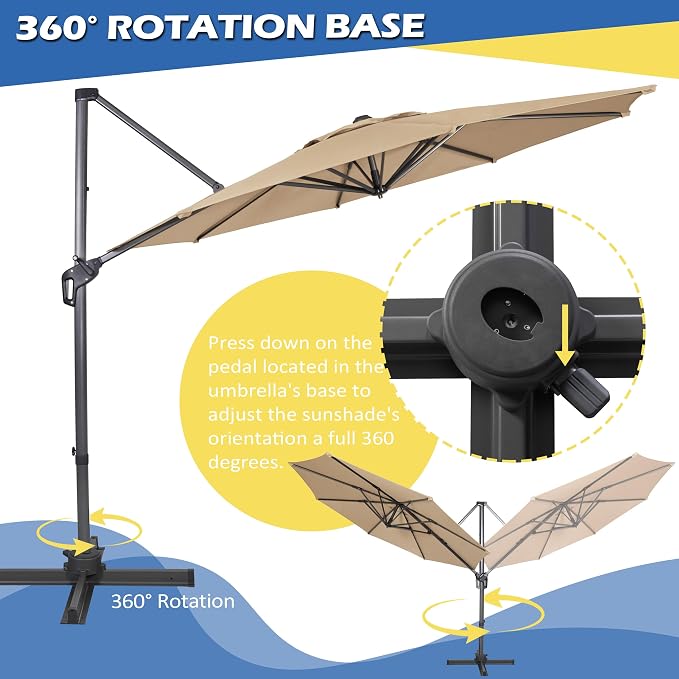 Sunnyglade 10Ft Cantilever Patio Umbrella, 360° Rotation & Integrated Tilting System Offset Umbrella with 8 Sturdy Ribs, Fade-resistant & Waterproof for Garden Backyard Poolside Deck