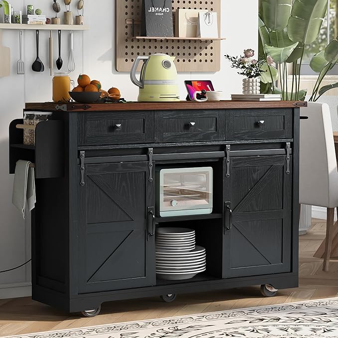 53.7" Farmhouse Kitchen Island with Power Outlet,2 Sliding Barn Door Storage w/Drop Leaf and Spice Rack Rolling Carts on Wheels & Metal Handle,for Home,Dining Room,Black, 50.25"
