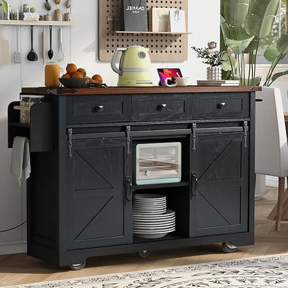 53.7" Farmhouse Kitchen Island with Power Outlet,2 Sliding Barn Door Storage w/Drop Leaf and Spice Rack Rolling Carts on Wheels & Metal Handle,for Home,Dining Room,Black, 50.25"