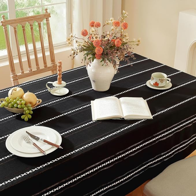 Chassic 60 x 120 inches Farmhouse Style Linen tablecloths, Wrinkle Resistant Washable Dining Room Table Cloths for 8 Foot Rectangle Tables - Hemstitch Black