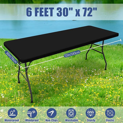 Moosfor Spandex 6 Foot Rectangle Table Cloth, Elastic Fitted Tablecloths for Picnic, Stretch Washable Patio Table Cover for Outdoor, Camping, Banquet and Parties (Black, 30"x72")