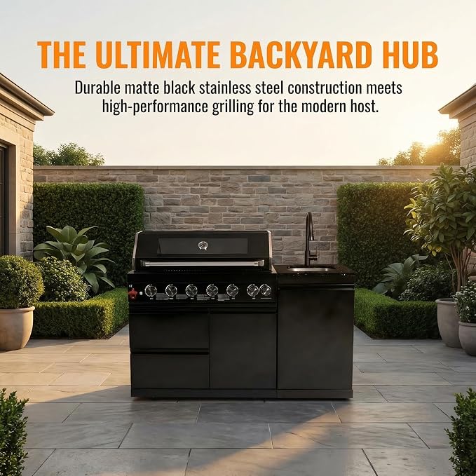 63 Inch Outdoor Kitchen Island, 6-Burner 85000 BTU Propane Stainless Steel BBQ with Side/Rear Burners, With Sink, Rotisserie, Marble Countertops, Storage, For Backyard BBQ