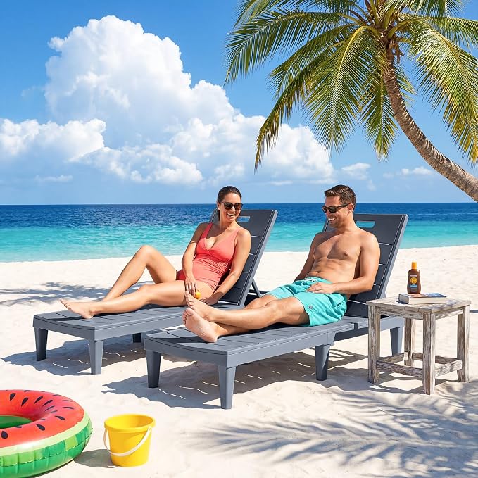 Greesum 4-Pack Adjustable Chaise Loungers, Gray | 5-Pos Recline, Waterproof PP, UV/Fade-Resist, Stackable, Easy-Clean, Patio/Pool/Beach, Tool-Free