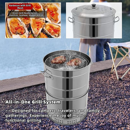 Large Portable Charcoal Grills, Stainless BBQ Grill Barrel, 360° Smokeless Outdoor Barbecue Grill for Travel Camping Grill Outdoor Cooking Picnic Patio Backyard (50 Skewers)