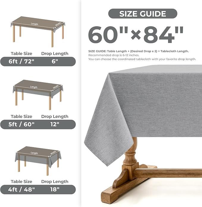 Decorelia Faux Linen Farmhouse Table Cloth 60"x84" for 4-6 ft Rectangle Table, Cool Grey Waterproof Outdoor Washable Cloth Tablecloth for Rectangular Dining Room Kitchen Outdoor Party Restaurant Table