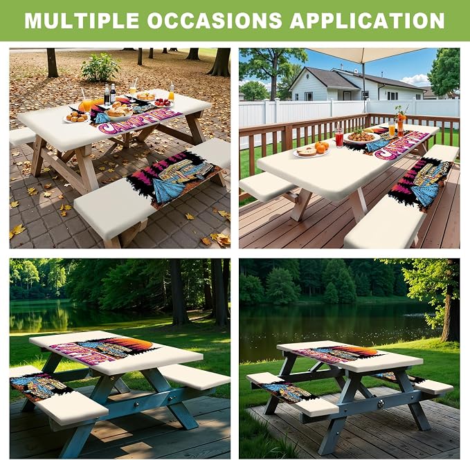 ANNA QUEEN Retro Camping Adventure 6FT Picnic Table Cover with Bench Covers Set of 3 with Drawstring Bag, Vintage Camper 72"x30" Waterproof Picnic Tablecloth & Bench Covers
