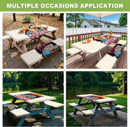 ANNA QUEEN Retro Camping Adventure 6FT Picnic Table Cover with Bench Covers Set of 3 with Drawstring Bag, Vintage Camper 72"x30" Waterproof Picnic Tablecloth & Bench Covers