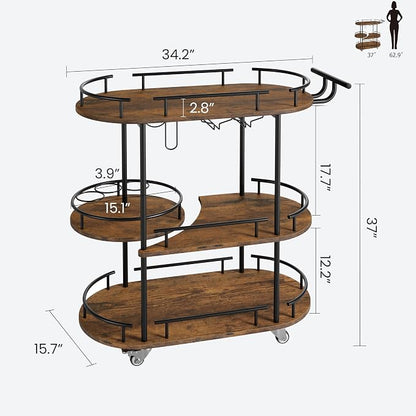 Garvee Bar Serving Cart with Wine Rack and Glass Holder, 3-Tier Rolling Serving Cart with 4 Wheels, Small Serving Table for Living Room, Kitchen, Dining Room, Black+Retro Brown