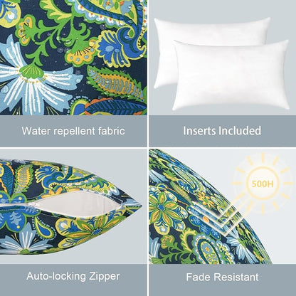 LVTXIII Set of 2 Patio Lumbar Pillows, 12" x 20" Fade Resistant Outdoor Lumbar Pillow with Inners, Fluffy Decorative Garden Lumbar Cushions for Home Patio Coach Sofa Use, Flower Child