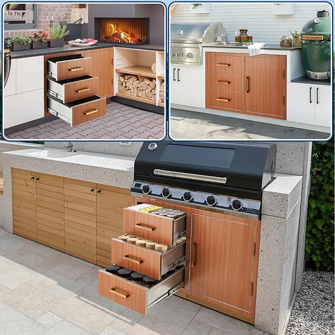 PeakPursuit Stainless Steel Outdoor Kitchen Door Drawer Combo - Triple Drawers & Access Door, Propane Storage & Adjustable Garbage Ring, Weather-Resistant Flush Mount, 38.2" W x 22.6" D x 20.5" H