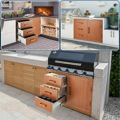 PeakPursuit Stainless Steel Outdoor Kitchen Door Drawer Combo - Triple Drawers & Access Door, Propane Storage & Adjustable Garbage Ring, Weather-Resistant Flush Mount, 38.2" W x 22.6" D x 20.5" H