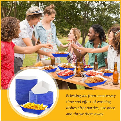 100 Pcs 2lb Paper Food Trays Boat Nacho Boats for Hot Dogs, Blue | Grease-Resistant, Disposable Kraft Paper Boat for Tacos Concession, Food Trucks, Birthday, Wedding, Christmas, Halloween