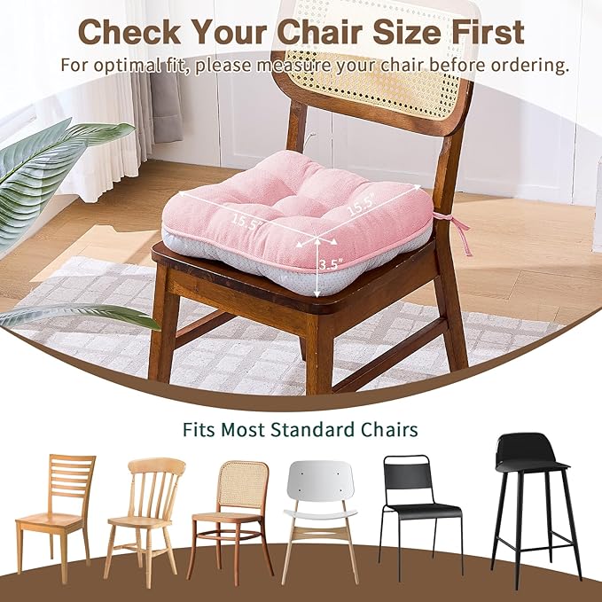 BETU Pink Chair Cushions for Dining Chairs Set of 2,3.5" Thick Kitchen Table Chair Pads with Ties,Non Slip Backing and Covers, Seat Cushion for Dining Room,Bar,Patio Chairs,15.5"X15.5"X3.5",Pink