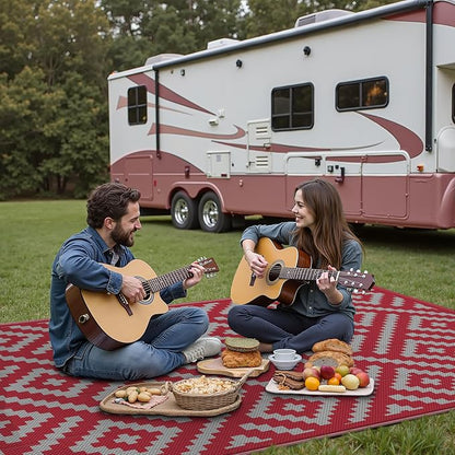 GENIMO Outdoor Rug, Waterproof Plastic Rugs for Patio, 6'x9' Red Grey | Outside Larger Modern Carpet Mat for Porch Decor, Deck, Balcony, Camping, RV, Backyard, Picnic, Beach, Reversible, Foldable
