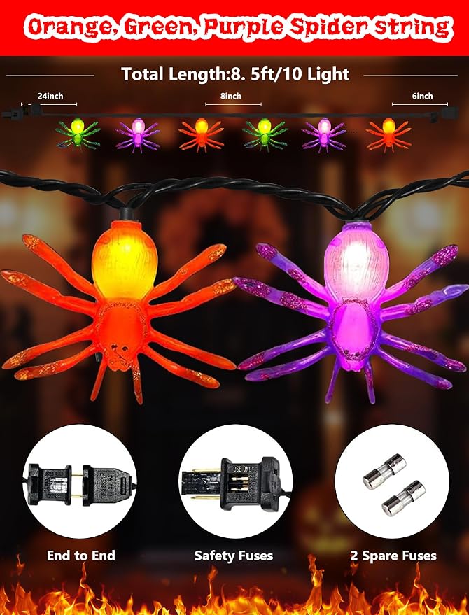 Halloween Spider String Lights Outdoor, 8.5Ft Halloween Decorations Lights with 10 LED Orange Green Purple Spider Lights, Hanging Multicolor Spider Light for Indoor Window Patio Curtain Holiday Decor
