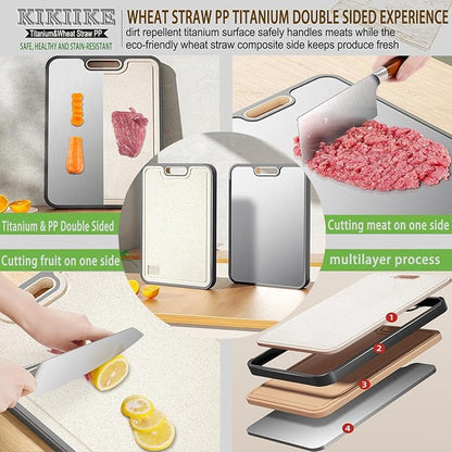 Titanium Cutting Board Double Sided Pure Titanium Cutting Boards for Kitchen, Pure titanium & Wheat Straw PP Food Grade metal cutting board, Non-slip durable and easy to clean (Large)