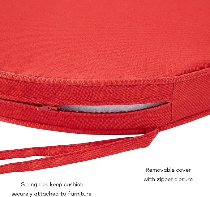 Set of 2 Outdoor 18 inch Round Patio Dining Chair Pads – Comfortable Fiber-Filled Seat Cushions with Ties, Reversible Polyester Fabric - Salsa Red
