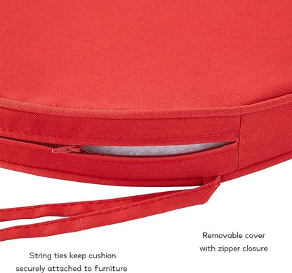 Set of 2 Outdoor 18 inch Round Patio Dining Chair Pads – Comfortable Fiber-Filled Seat Cushions with Ties, Reversible Polyester Fabric - Salsa Red